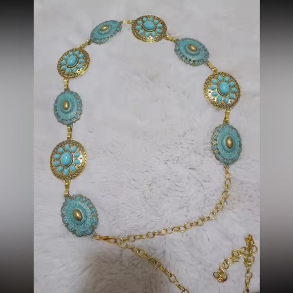Vintage Bohemian Turquoise Stone Medallion Link Belt – Adjustable main image 4